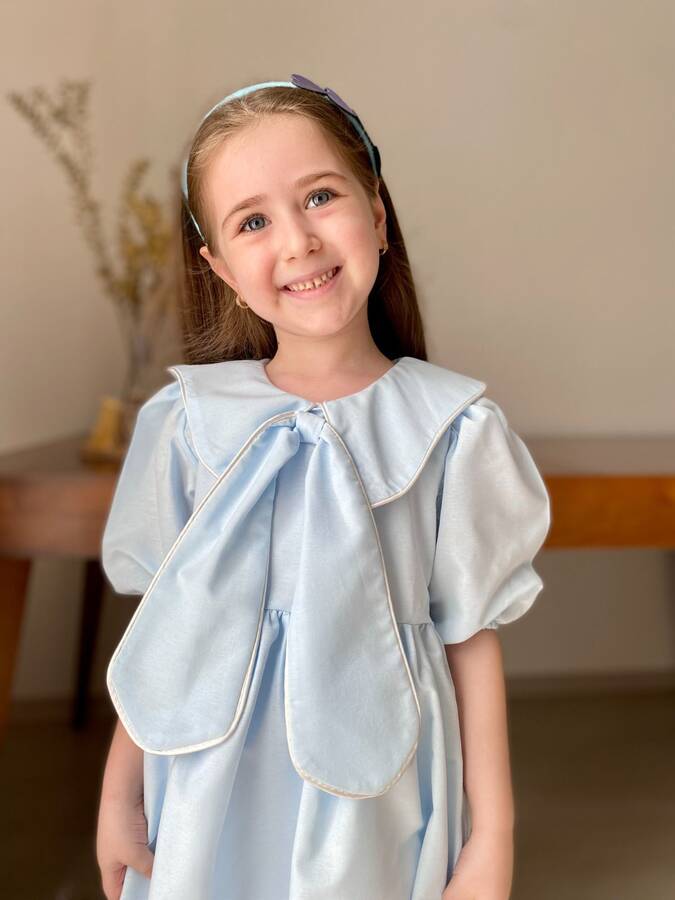 Tracc - Su Mavisi Bahriye Yaka Detaylı Fiyonk Kız Çocuk Elbise (1)