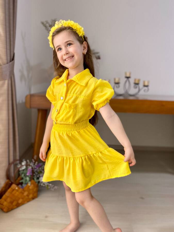 Limon Sarısı Keten Görünümlü Kız Çocuk Kısa Kol Gömlek Etek 2'li Takım - Thumbnail