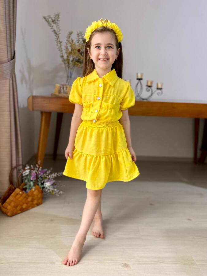 Limon Sarısı Keten Görünümlü Kız Çocuk Kısa Kol Gömlek Etek 2'li Takım - Thumbnail