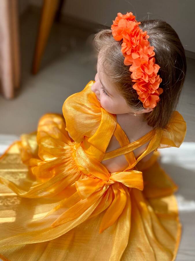 Tracc - Mandalina Sarısı Janjan Organze Sırtı Çapraz Kız Çocuk Elbise