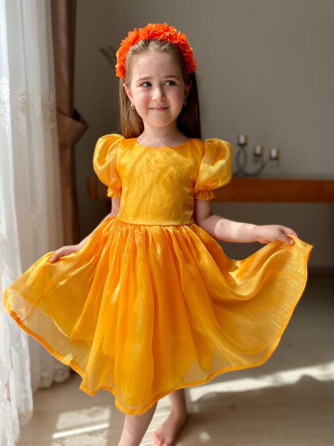 Tracc - Mandalina Sarısı Janjan Organze Sırtı Çapraz Kız Çocuk Elbise (1)