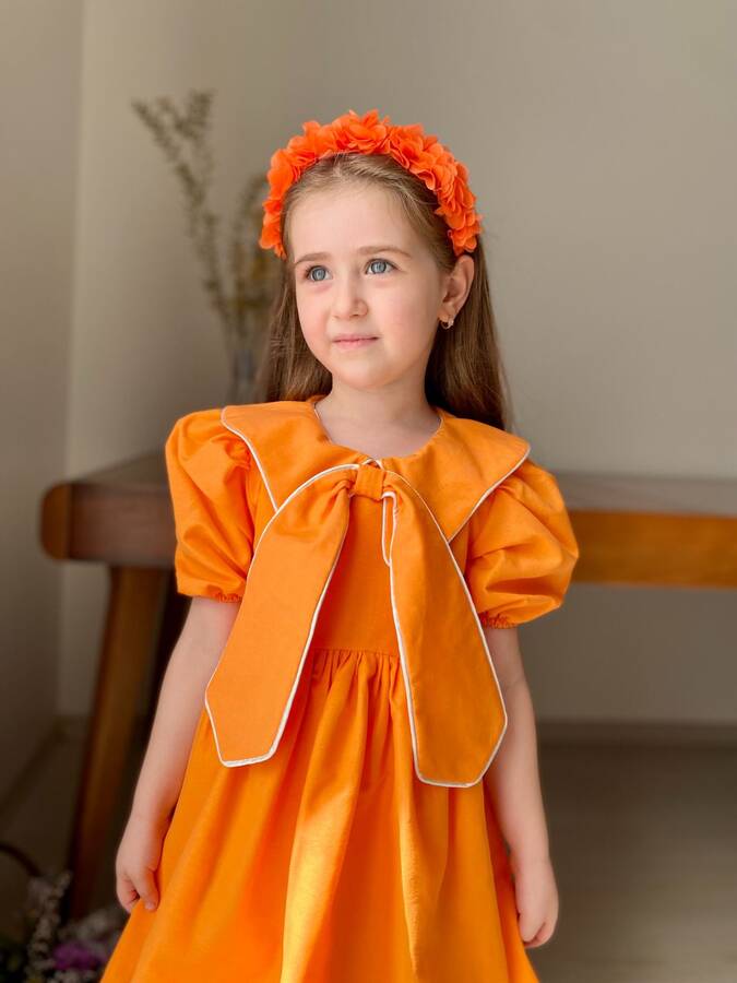 Tracc - Turuncu Bahriye Yaka Detaylı Fiyonk Kız Çocuk Elbise (1)